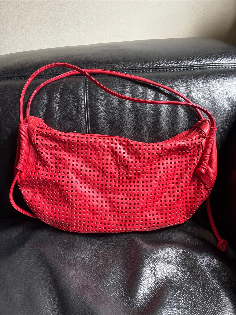 Red Perforated Leather Shoulder Bag